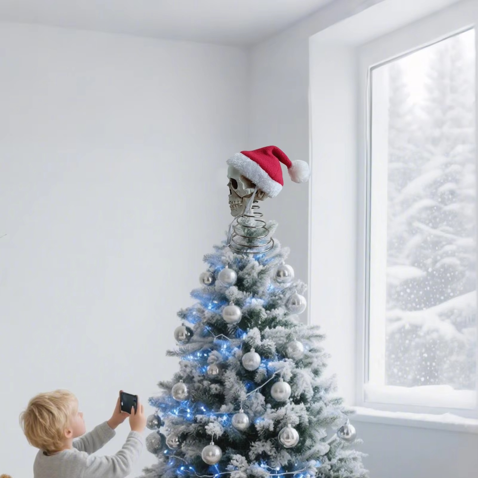 5-inch Christmas Tree Topper Decoration Skull Head With Santa Hat Halloween Tree Topper Skeleton Head Halloween Props