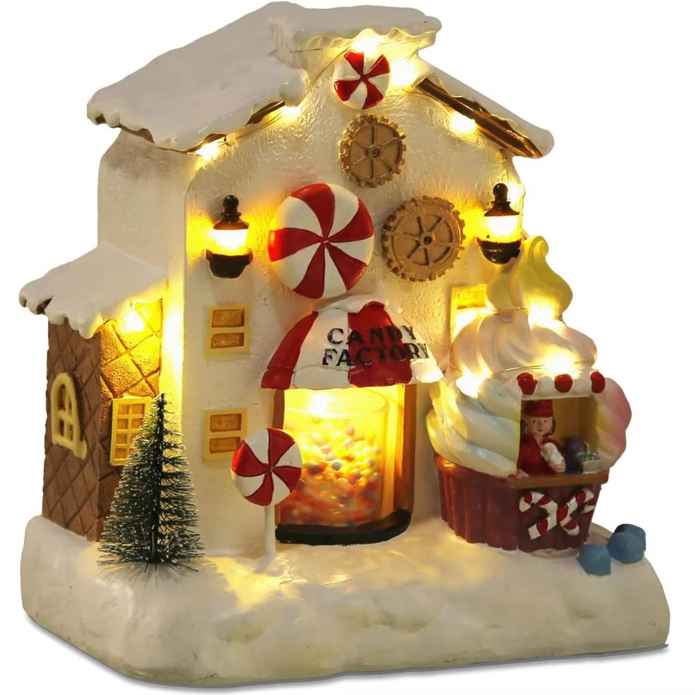 Christmas Animated Gingerbread House Decoration,Collectible Buildings Figurines Candy Factory Ornament for Home Fireplace Desk D