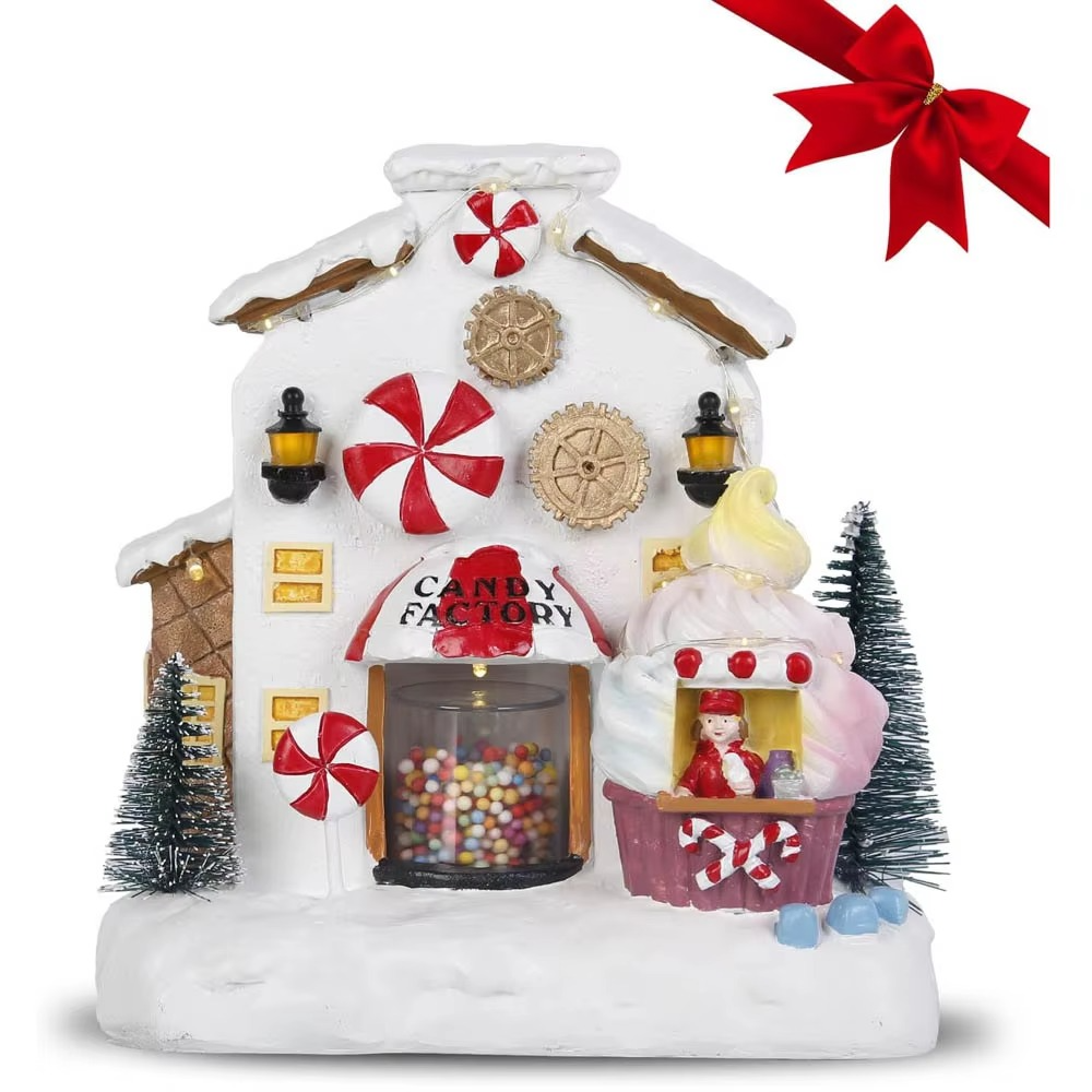 Christmas Animated Gingerbread House Decoration,Collectible Buildings Figurines Candy Factory Ornament for Home Fireplace Desk D