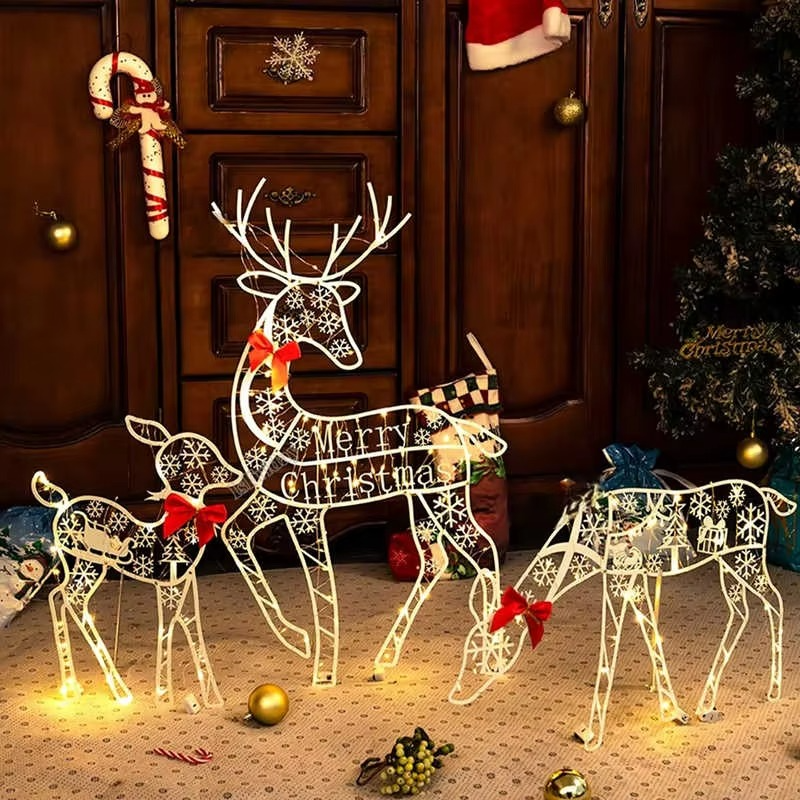 3pcs Handmade Iron Artelk Deer Christmas Garden Decor &led Light Glowing Glitter Reindeer Xmas Home Outdoor Yard Decor