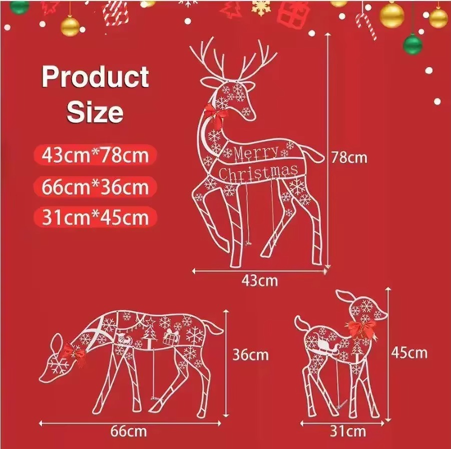 3pcs Handmade Iron Artelk Deer Christmas Garden Decor &led Light Glowing Glitter Reindeer Xmas Home Outdoor Yard Decor