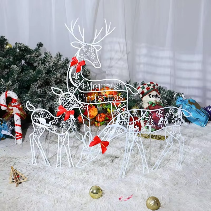 3pcs Handmade Iron Artelk Deer Christmas Garden Decor &led Light Glowing Glitter Reindeer Xmas Home Outdoor Yard Decor