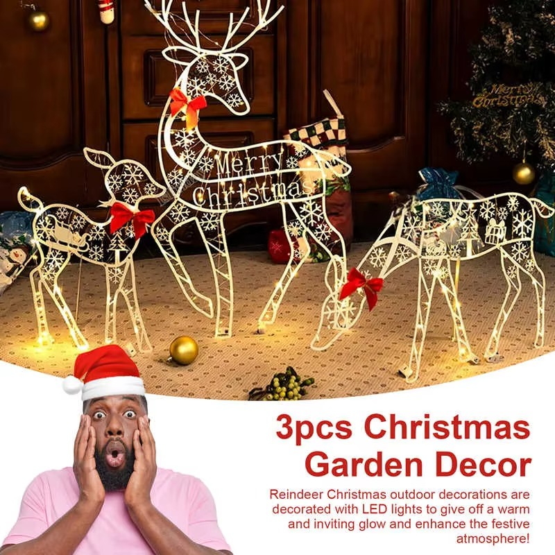3pcs Handmade Iron Artelk Deer Christmas Garden Decor &led Light Glowing Glitter Reindeer Xmas Home Outdoor Yard Decor