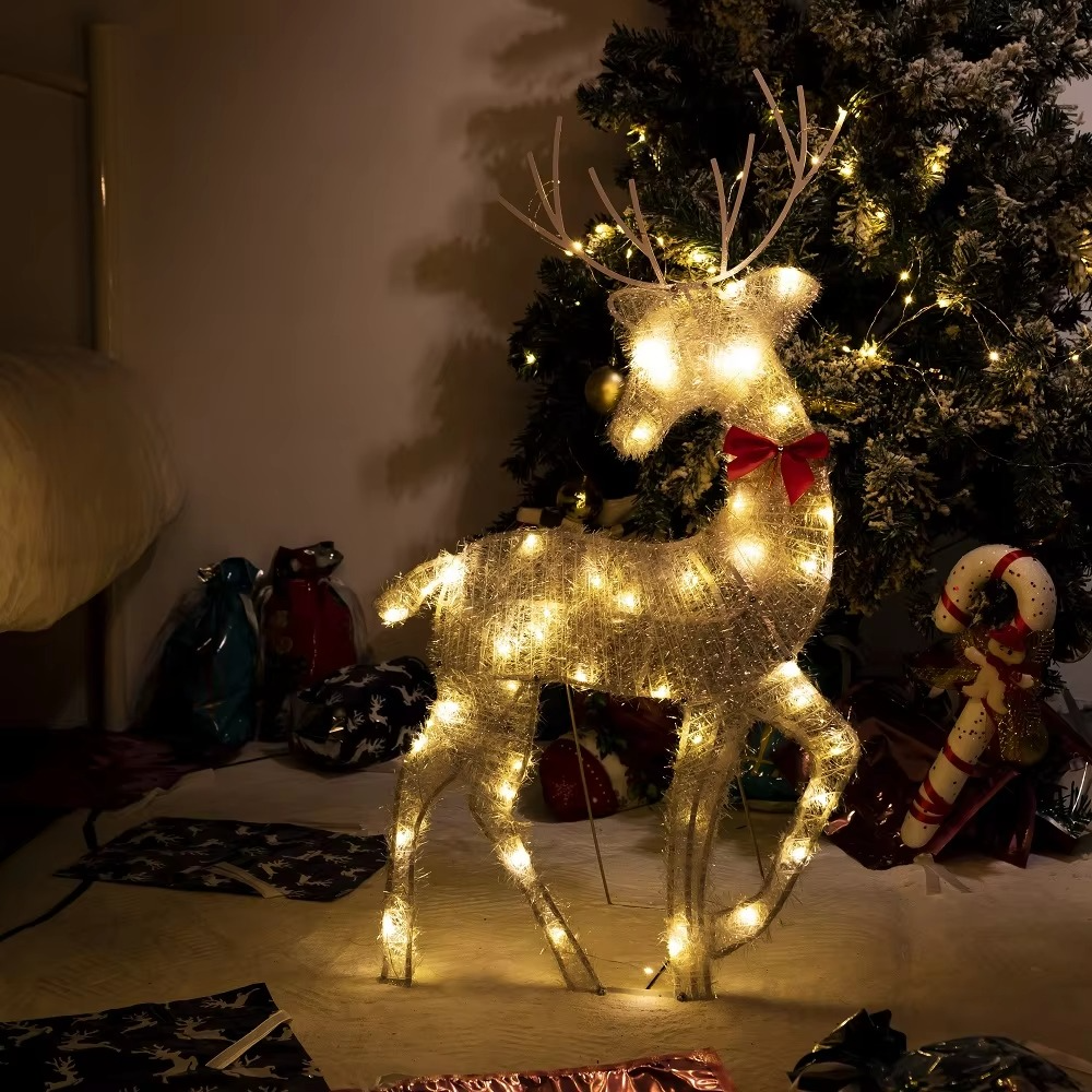 Lighted Deer Christmas Outdoor Decoration Reindeer Family Moose Lighted Holiday Display with Bell Bow Deer Lawn Garden Decor