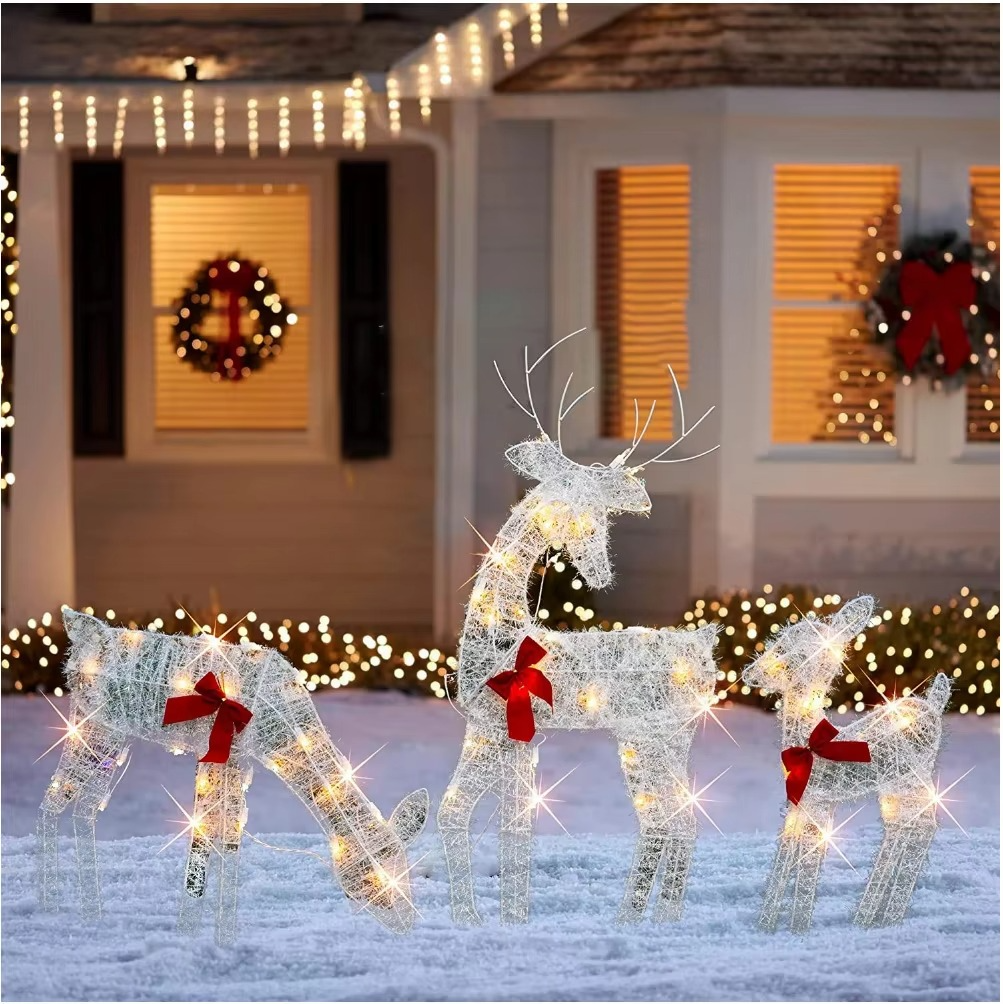 Lighted Deer Christmas Outdoor Decoration Reindeer Family Moose Lighted Holiday Display with Bell Bow Deer Lawn Garden Decor