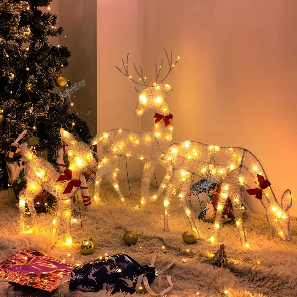 Lighted Deer Christmas Outdoor Decoration Reindeer Family Moose Lighted Holiday Display with Bell Bow Deer Lawn Garden Decor