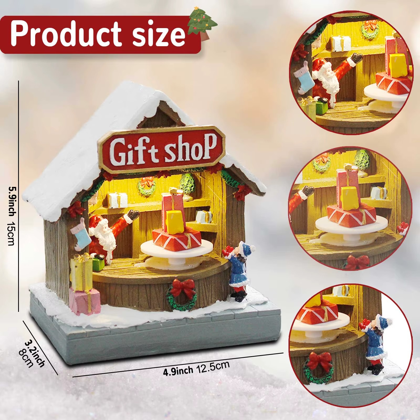 Animated Christmas Village Street Gift Shop with LED Light & Music, Resin Figurines Cute Santa Claus for Festive Decorations B/O