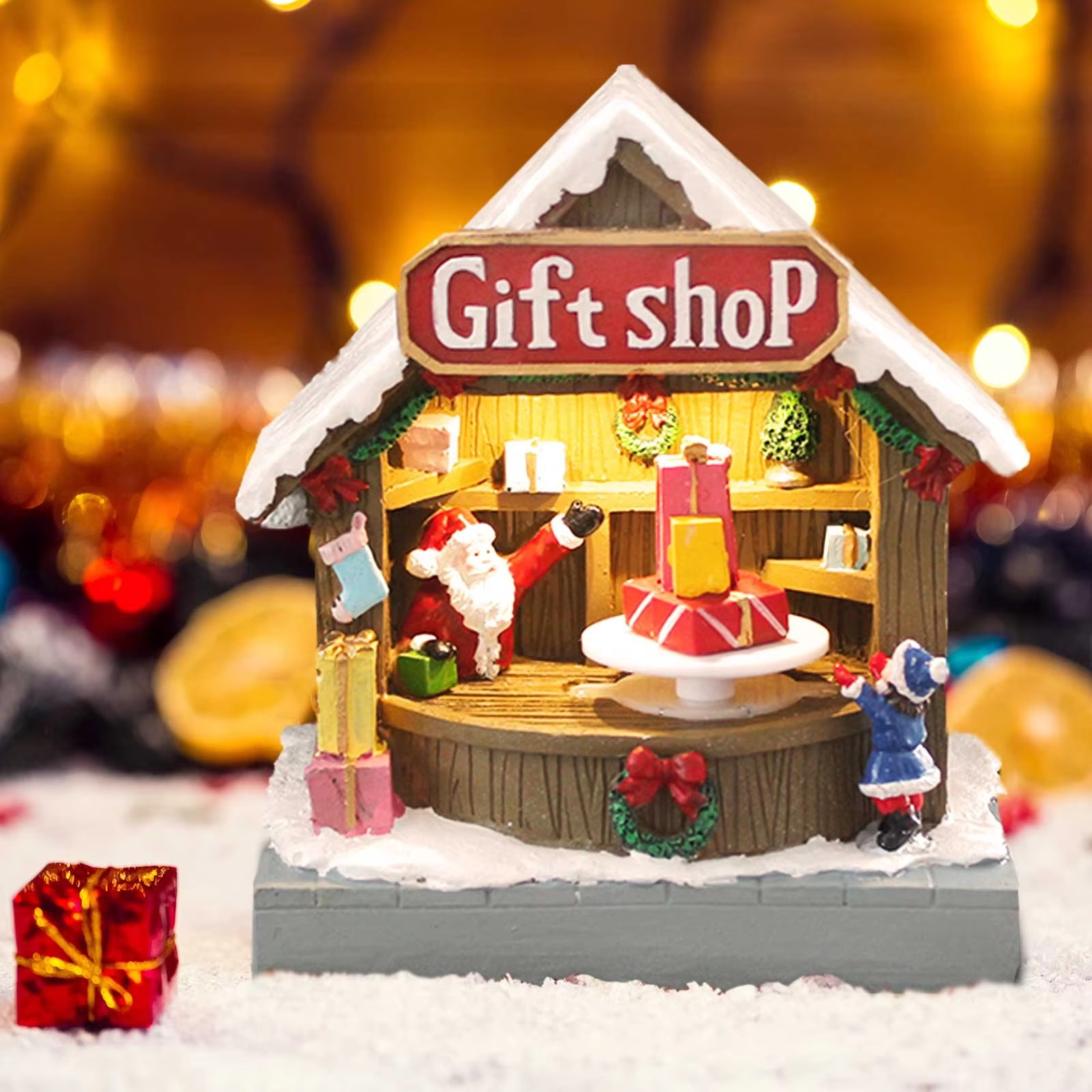 Animated Christmas Village Street Gift Shop with LED Light & Music, Resin Figurines Cute Santa Claus for Festive Decorations B/O