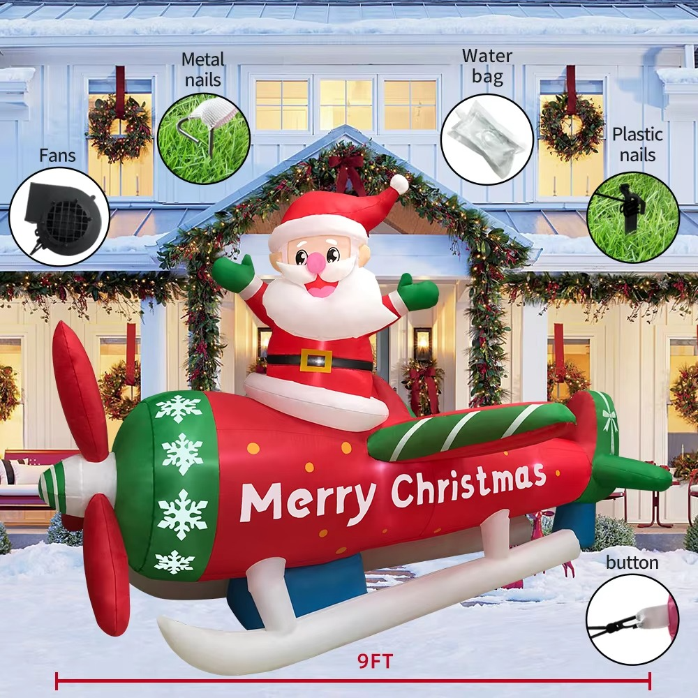 KOOY 9FT Christmas Inflatables Santa Claus on Airplane Outdoor Decorations Blow Up Giant Yard Decoration Bright LED Lights for G