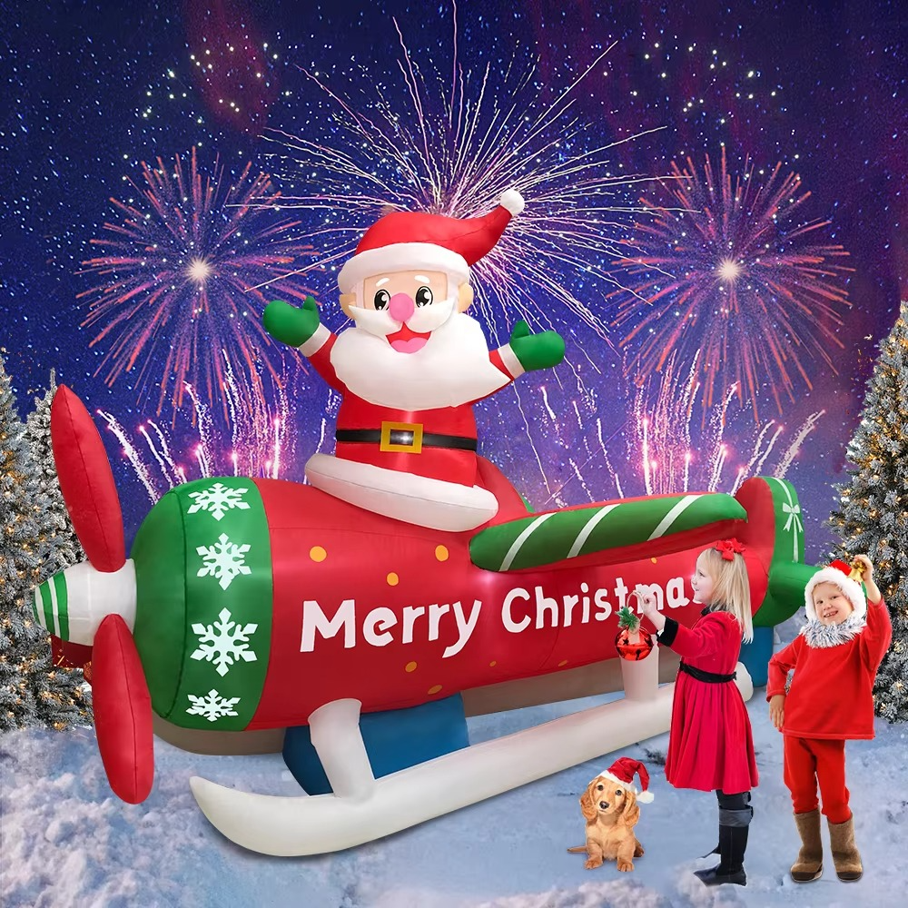 KOOY 9FT Christmas Inflatables Santa Claus on Airplane Outdoor Decorations Blow Up Giant Yard Decoration Bright LED Lights for G