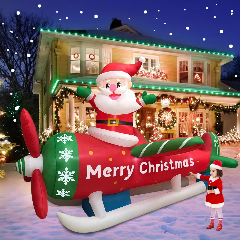 KOOY 9FT Christmas Inflatables Santa Claus on Airplane Outdoor Decorations Blow Up Giant Yard Decoration Bright LED Lights for G