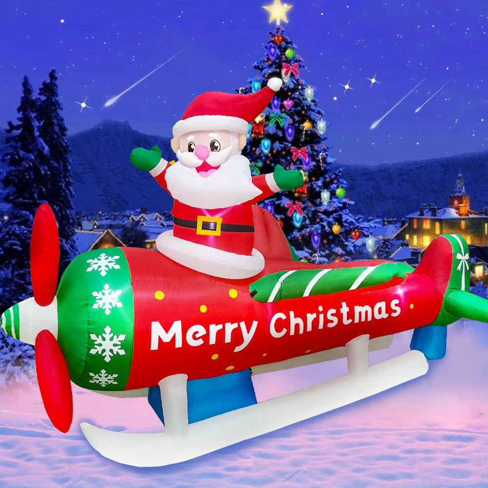 KOOY 9FT Christmas Inflatables Santa Claus on Airplane Outdoor Decorations Blow Up Giant Yard Decoration Bright LED Lights for G
