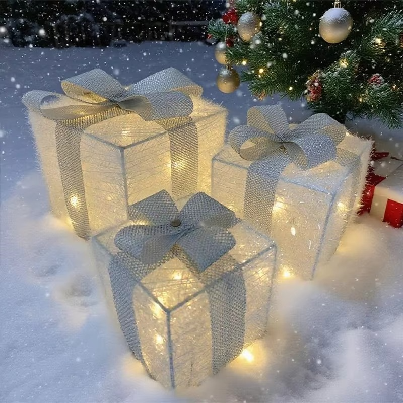3PS Christmas Glowing Gift Box Suitable for Christmas Celebration Decoration Ornaments Powered by 3 AA Batteries (Not Included)