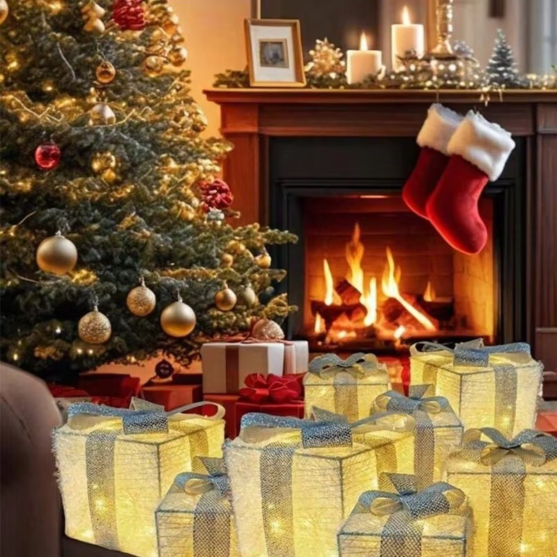 3PS Christmas Glowing Gift Box Suitable for Christmas Celebration Decoration Ornaments Powered by 3 AA Batteries (Not Included)