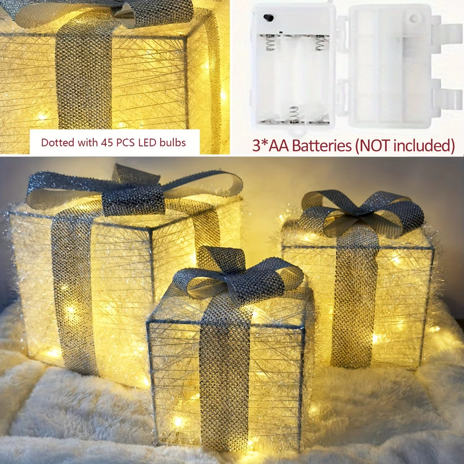 3PS Christmas Glowing Gift Box Suitable for Christmas Celebration Decoration Ornaments Powered by 3 AA Batteries (Not Included)