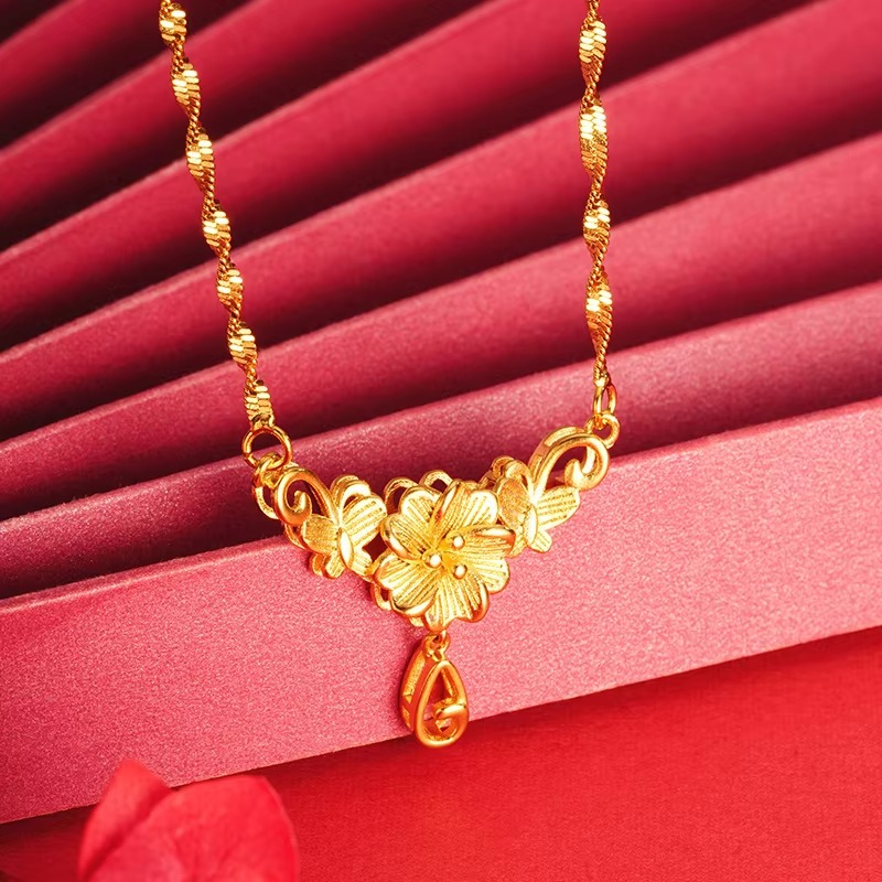 Luxury 24K 9999 Pure Gold Butterfly love flower necklace ladies temperament niche high sense