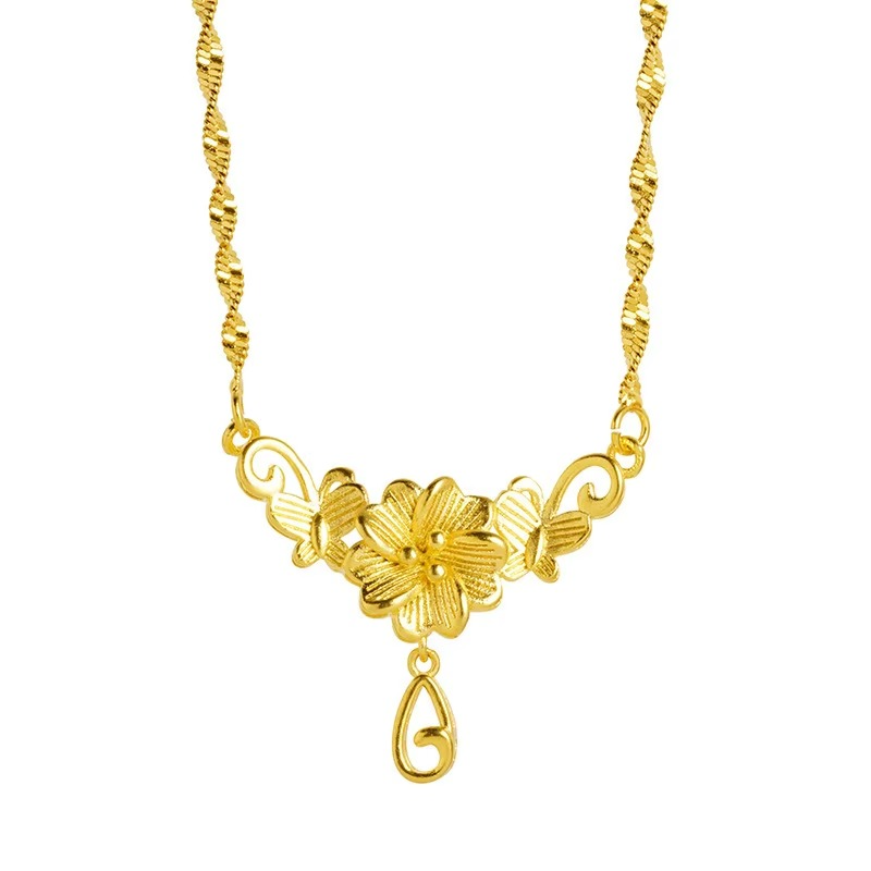 Luxury 24K 9999 Pure Gold Butterfly love flower necklace ladies temperament niche high sense