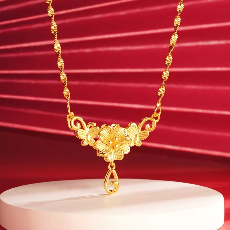Luxury 24K 9999 Pure Gold Butterfly love flower necklace ladies temperament niche high sense