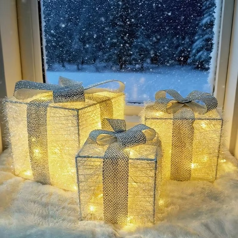 2025 New 3PS Christmas Glowing Gift Box Suitable For Christmas Celebration Decorations 3 AA Batteries Powered (Not Included)
