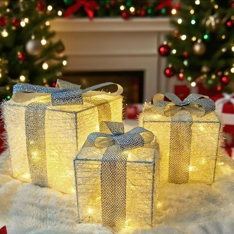 2025 New 3PS Christmas Glowing Gift Box Suitable For Christmas Celebration Decorations 3 AA Batteries Powered (Not Included)