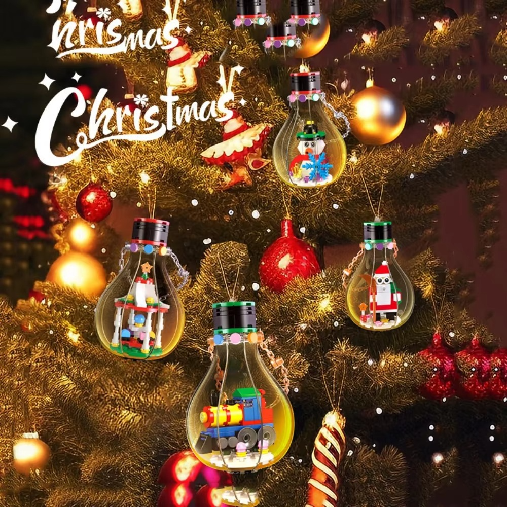 MOC Festival Christmas Hanging Bulb Snowman Santa Claus Building Block Set Tree Decor WIth Light Lamp DIY Toys For Children Gift