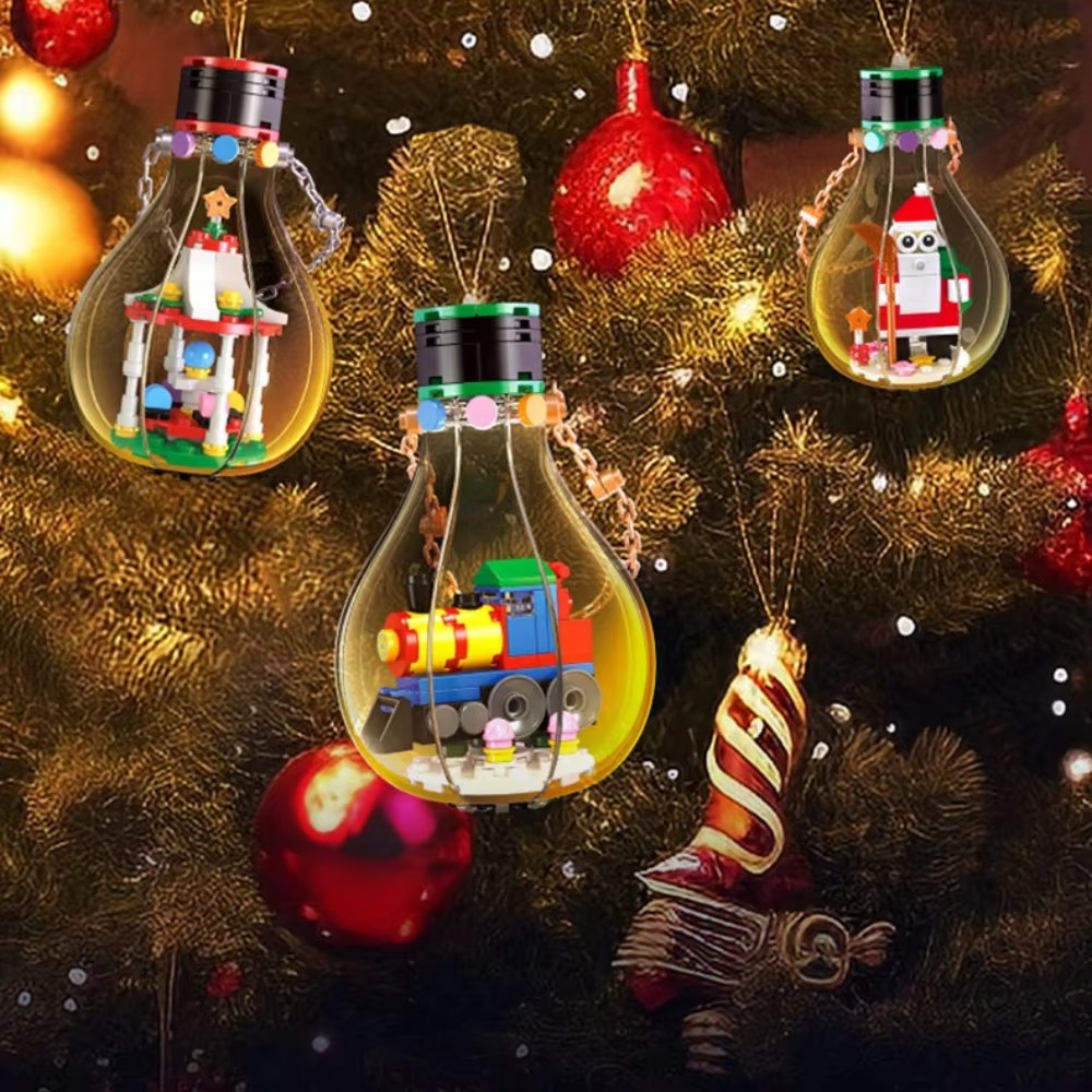 MOC Festival Christmas Hanging Bulb Snowman Santa Claus Building Block Set Tree Decor WIth Light Lamp DIY Toys For Children Gift