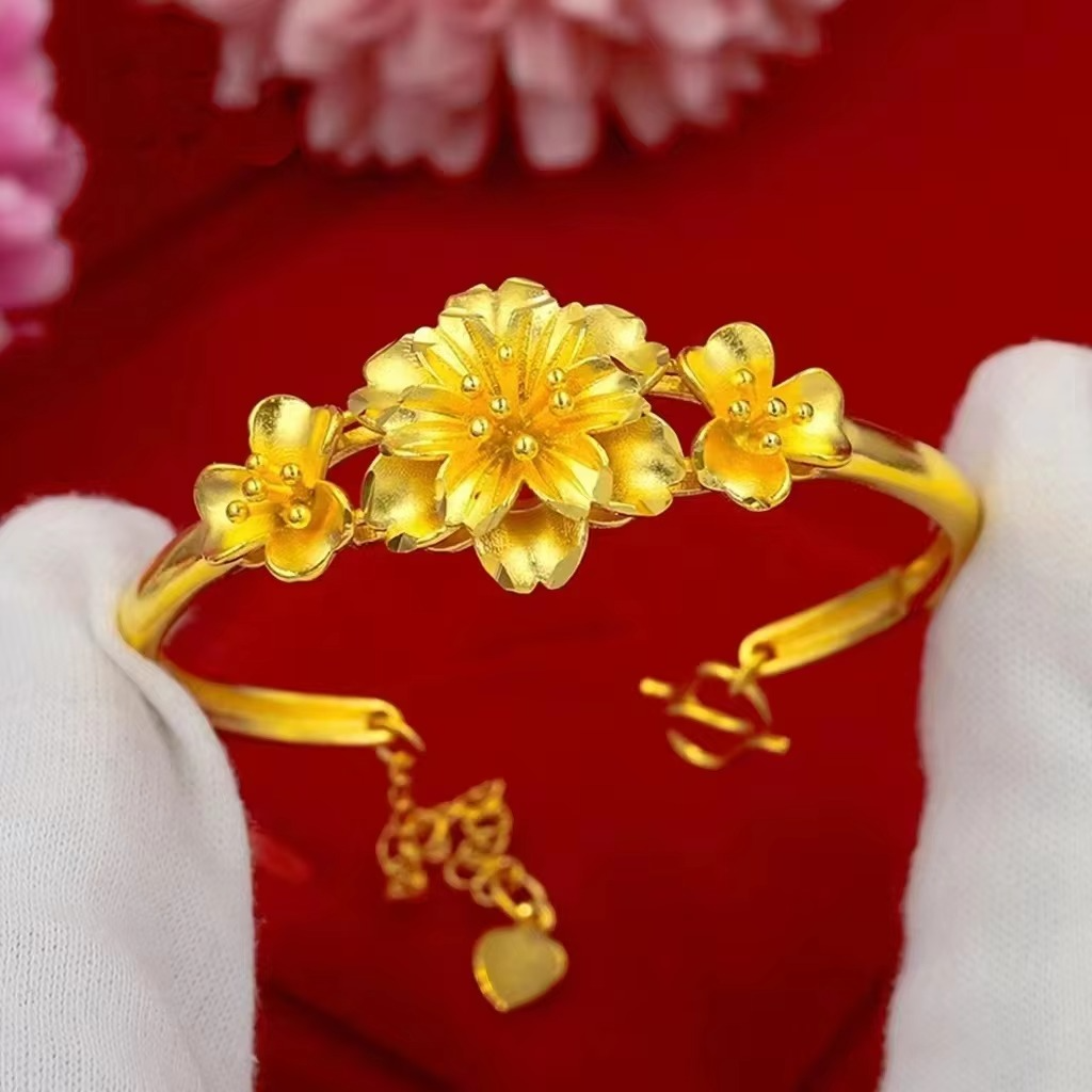 Luxury 24K 9999 Pure Gold Flower Opening Bracelet for Mom's Gift