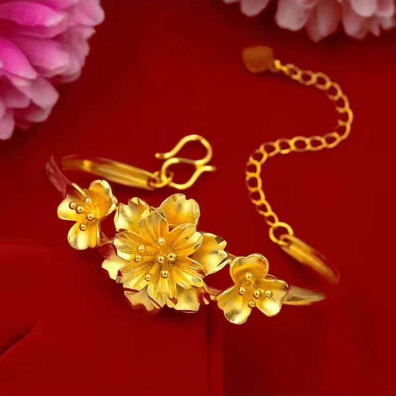 Luxury 24K 9999 Pure Gold Flower Opening Bracelet for Mom's Gift