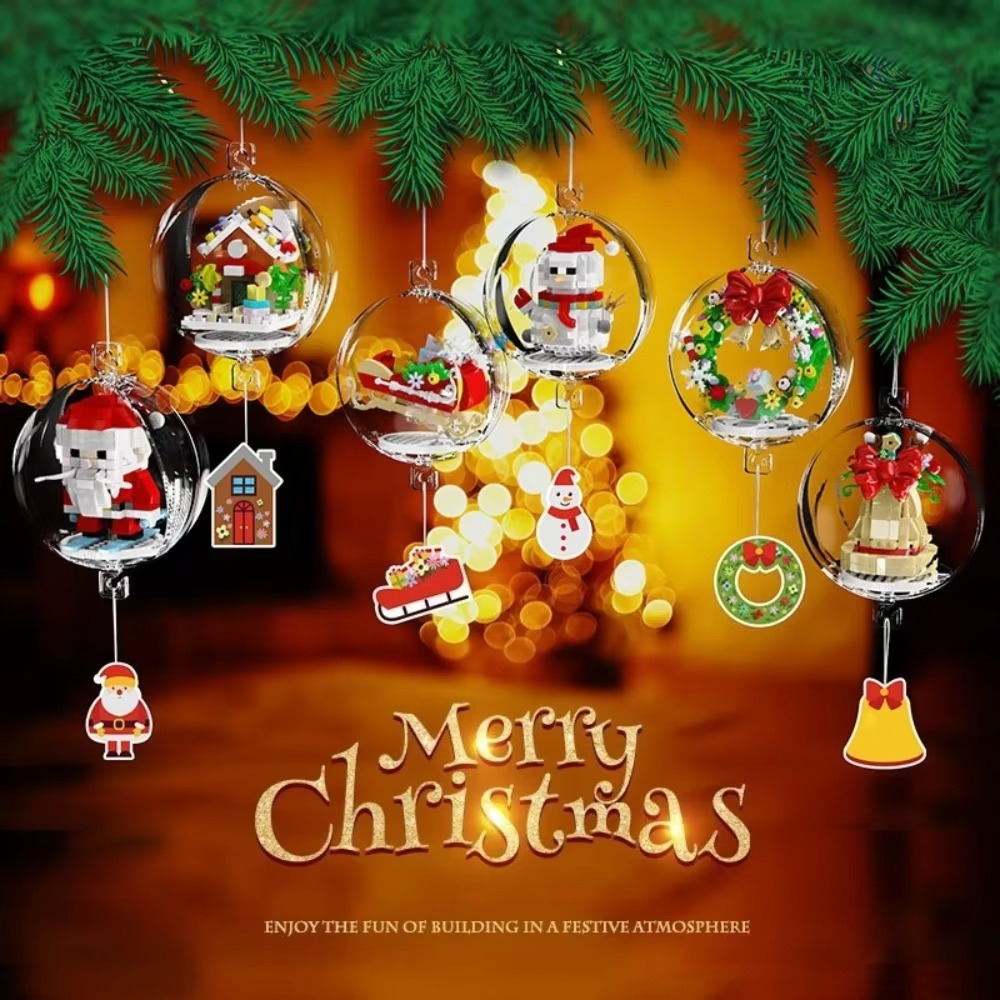 MOC Christmas Snowman Pendant Ball Bell Santa Claus Building Blocks Set Lantern Lamp Light Tree Decor Toys For Holiday Xmas Gift