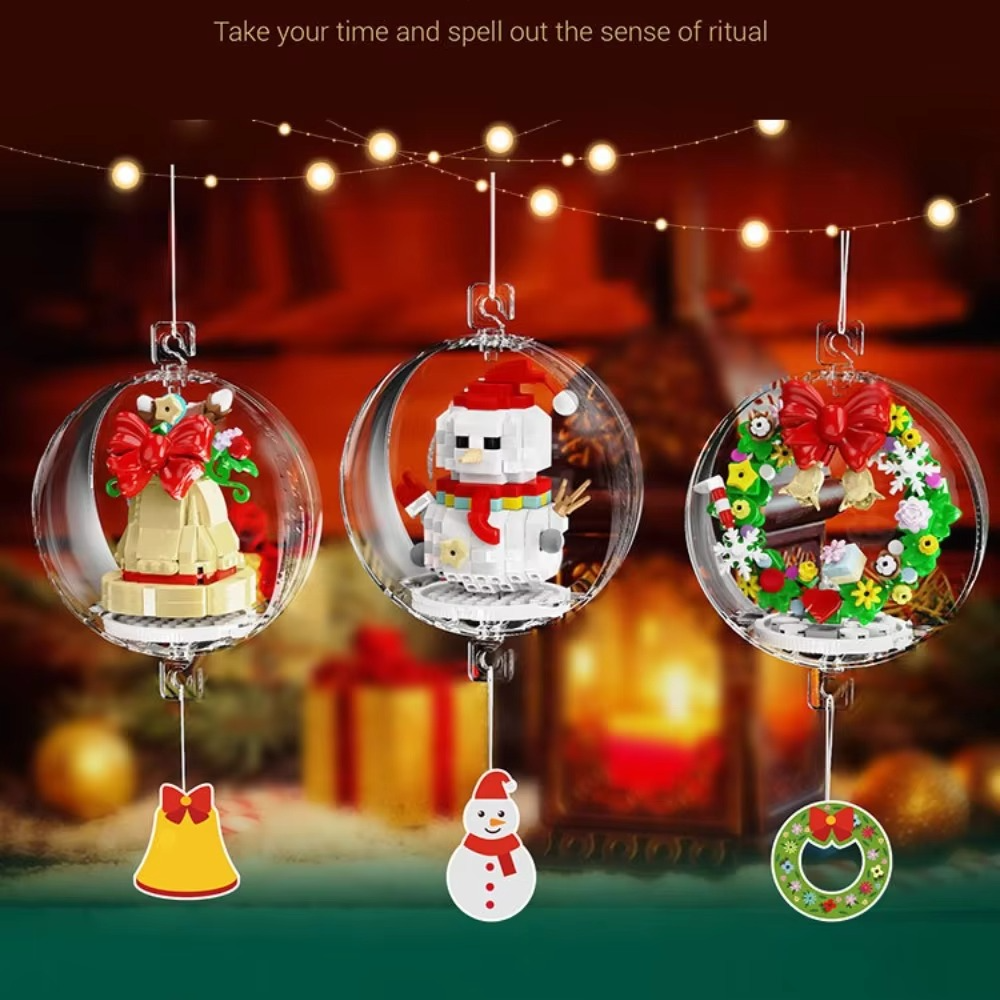 MOC Christmas Snowman Pendant Ball Bell Santa Claus Building Blocks Set Lantern Lamp Light Tree Decor Toys For Holiday Xmas Gift