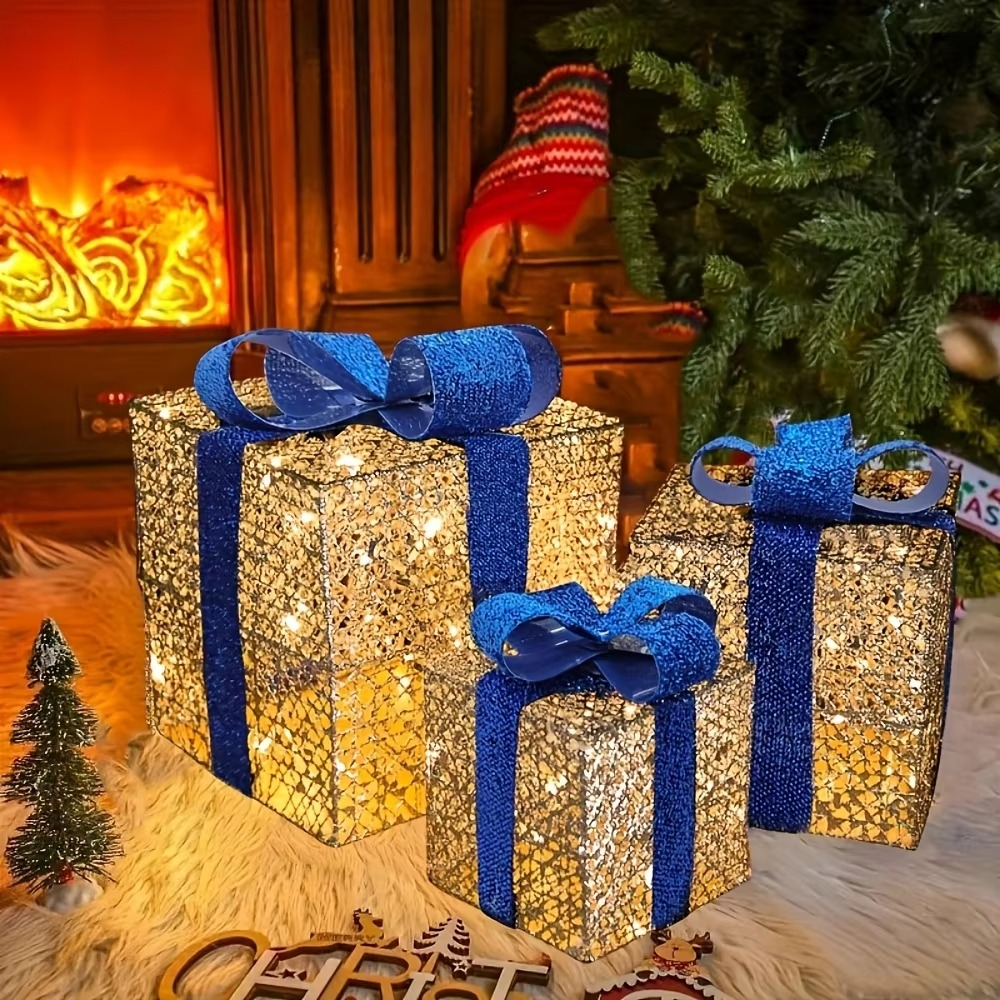 2025 New Christmas Ornaments Luminous Gift Boxes for Christmas Home Decoration 3 AA Batteries Powered (Not Included)