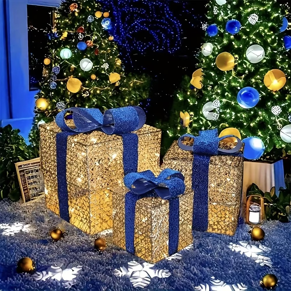 2025 New Christmas Ornaments Luminous Gift Boxes for Christmas Home Decoration 3 AA Batteries Powered (Not Included)