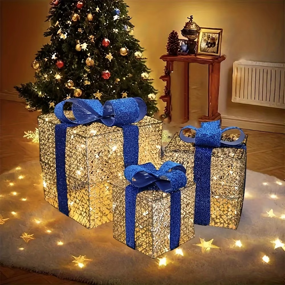 2025 New Christmas Ornaments Luminous Gift Boxes for Christmas Home Decoration 3 AA Batteries Powered (Not Included)