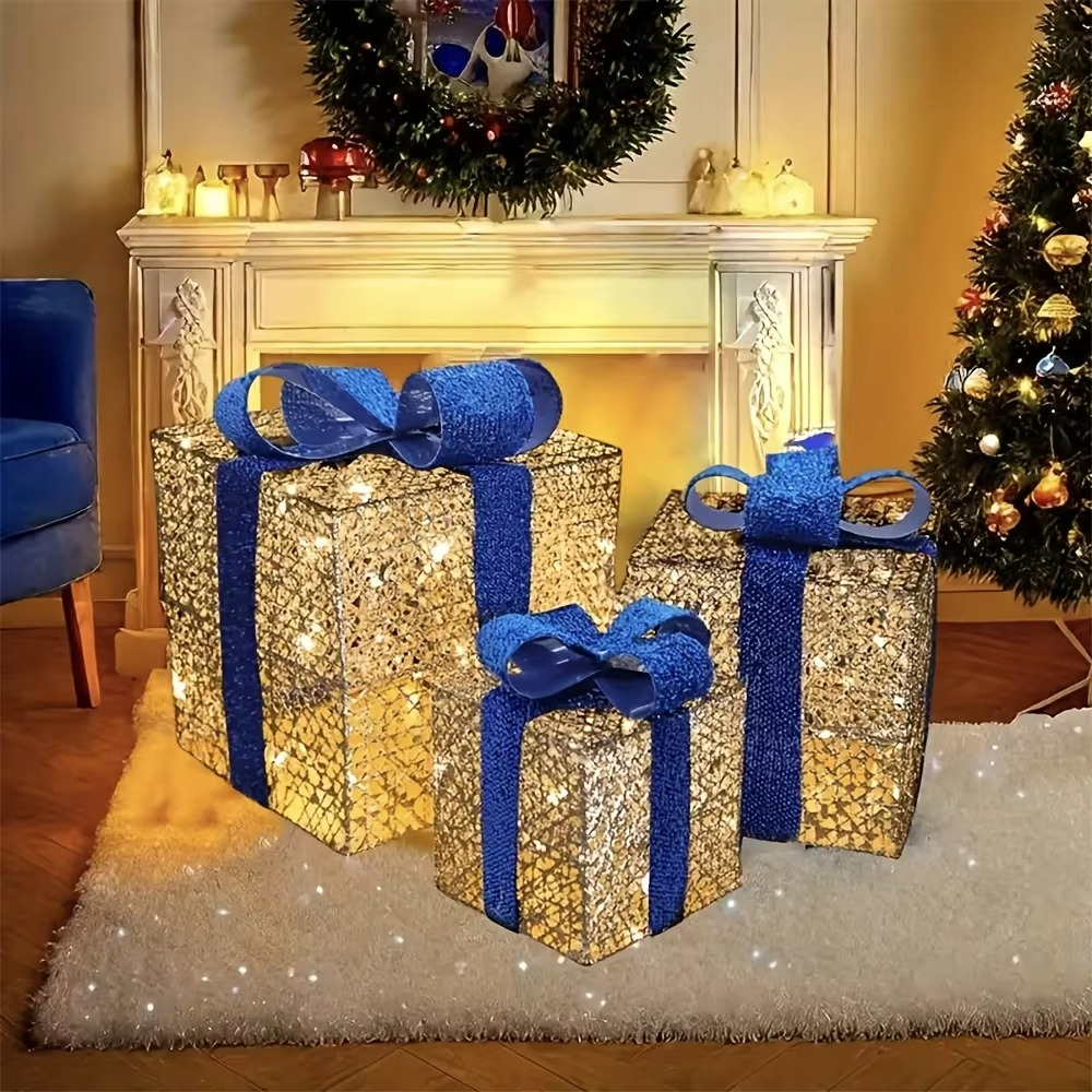 2025 New Christmas Ornaments Luminous Gift Boxes for Christmas Home Decoration 3 AA Batteries Powered (Not Included)