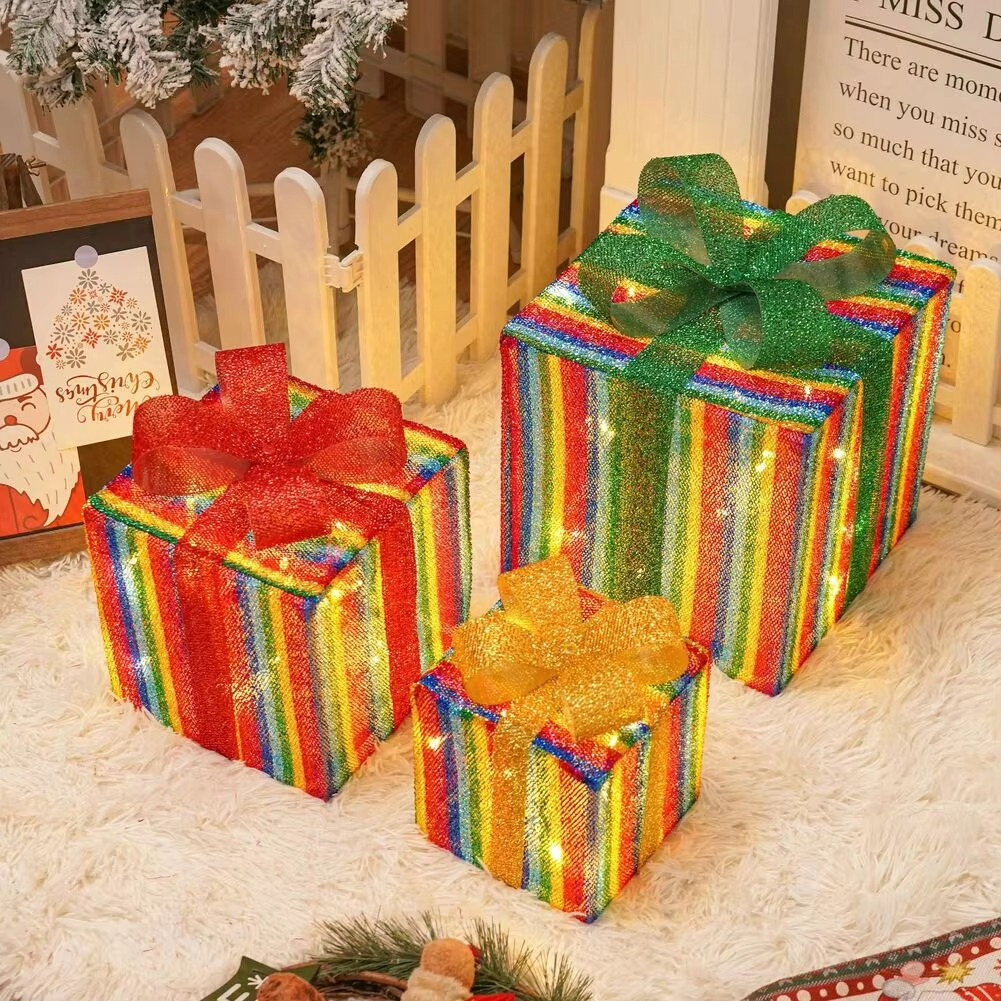 3PCS LED Christmas Lighted Boxes Outdoor Garden Lawn And Porch Decoration With Festive Elk And Snowflake For Holiday Celebration