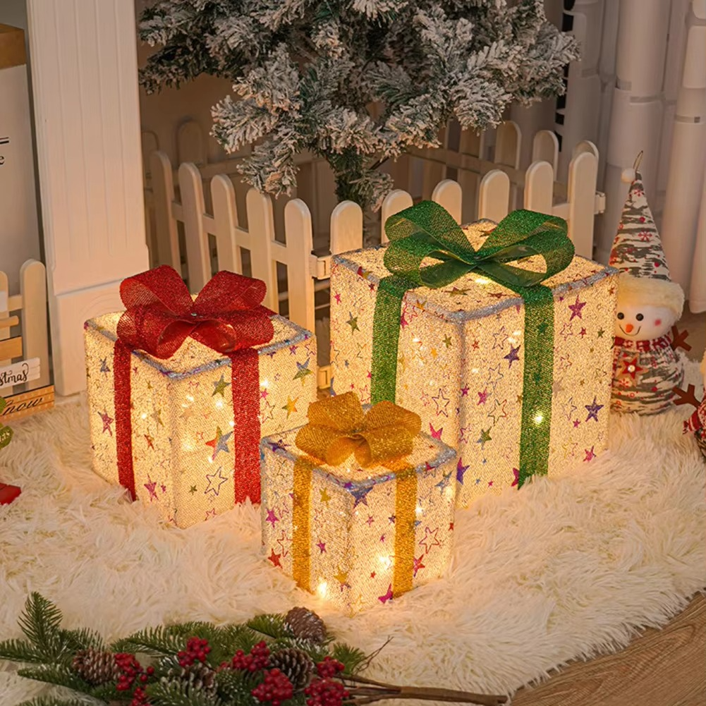3PCS LED Christmas Lighted Boxes Outdoor Garden Lawn And Porch Decoration With Festive Elk And Snowflake For Holiday Celebration