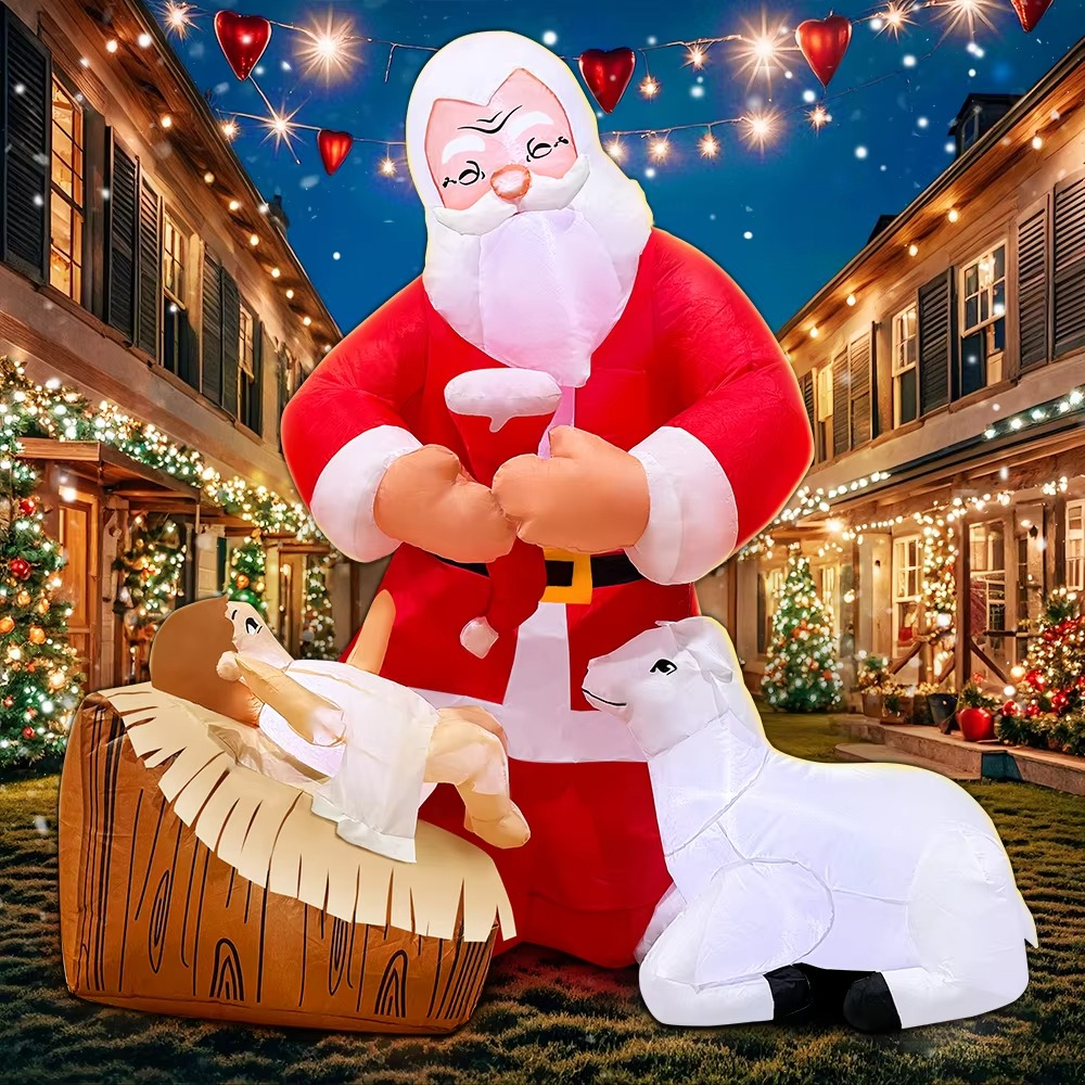KOOY 5FT Christmas Inflatable Nativity Jesus Stable Christmas Angel Scene Decorations Santa Claus Blow Up Yard Decor Bright LED