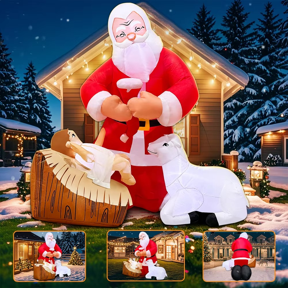 KOOY 5FT Christmas Inflatable Nativity Jesus Stable Christmas Angel Scene Decorations Santa Claus Blow Up Yard Decor Bright LED