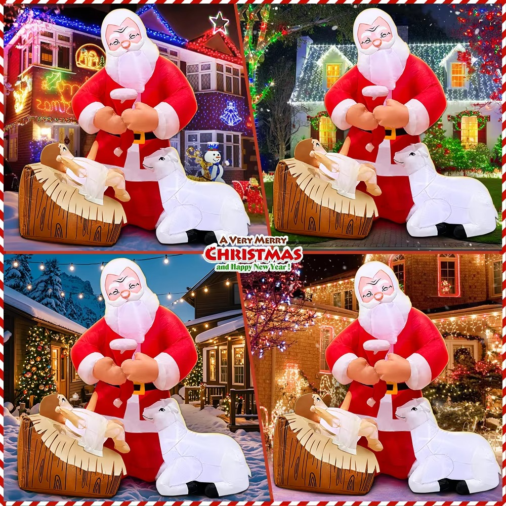 KOOY 5FT Christmas Inflatable Nativity Jesus Stable Christmas Angel Scene Decorations Santa Claus Blow Up Yard Decor Bright LED