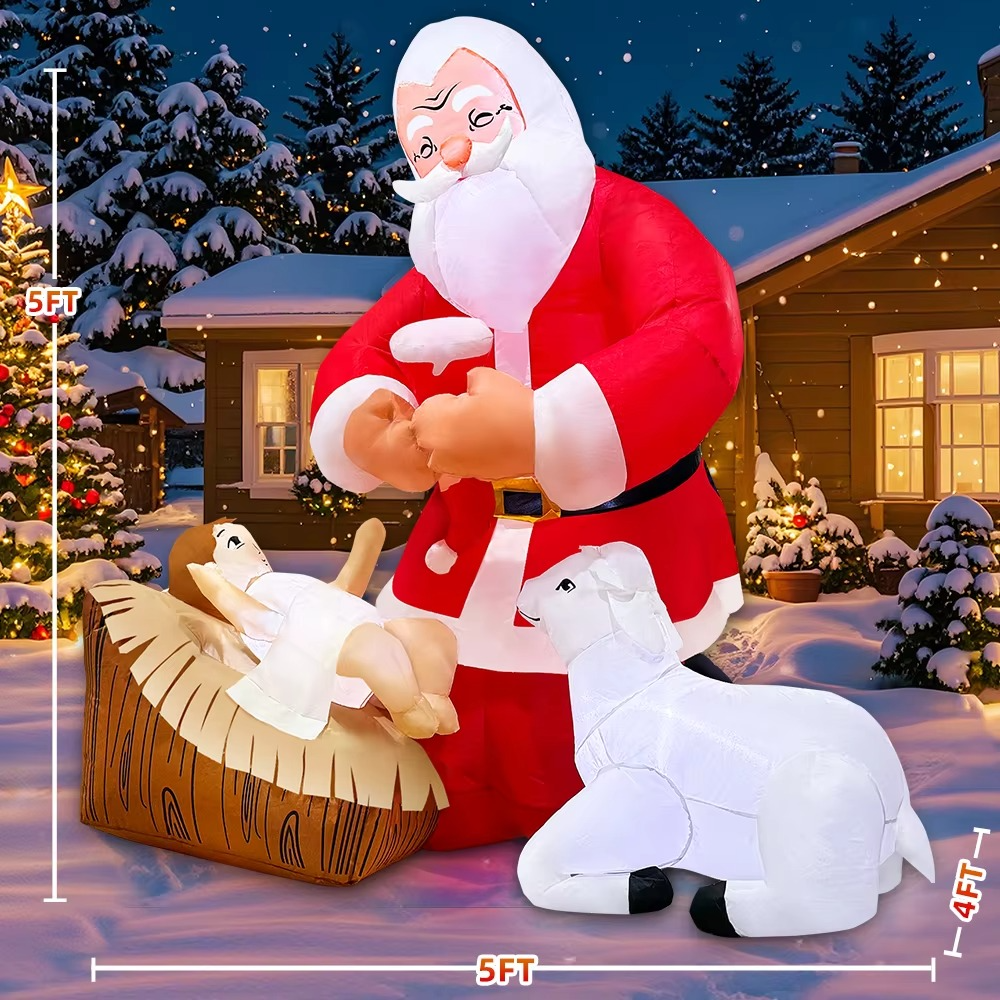 KOOY 5FT Christmas Inflatable Nativity Jesus Stable Christmas Angel Scene Decorations Santa Claus Blow Up Yard Decor Bright LED
