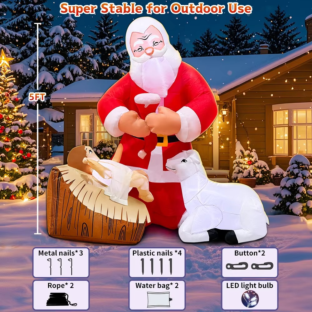 KOOY 5FT Christmas Inflatable Nativity Jesus Stable Christmas Angel Scene Decorations Santa Claus Blow Up Yard Decor Bright LED