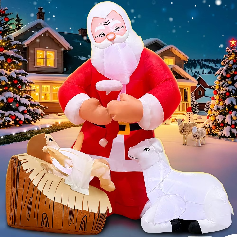 KOOY 5FT Christmas Inflatable Nativity Jesus Stable Christmas Angel Scene Decorations Santa Claus Blow Up Yard Decor Bright LED