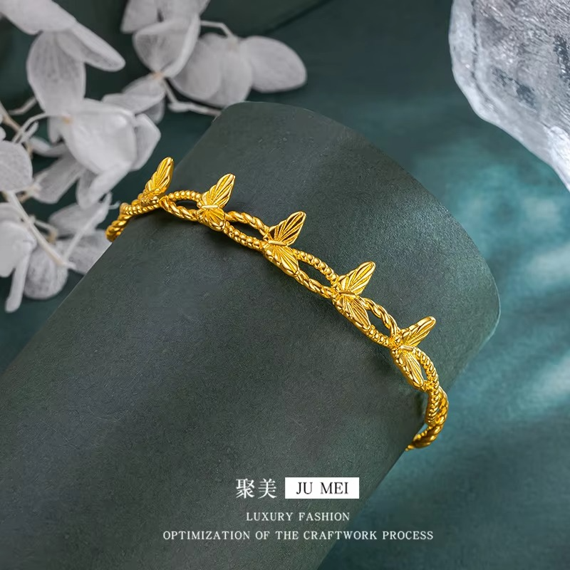 9999 24K real gold store same style gold women's bracelet with butterfly design opening, beautiful gift for gifting