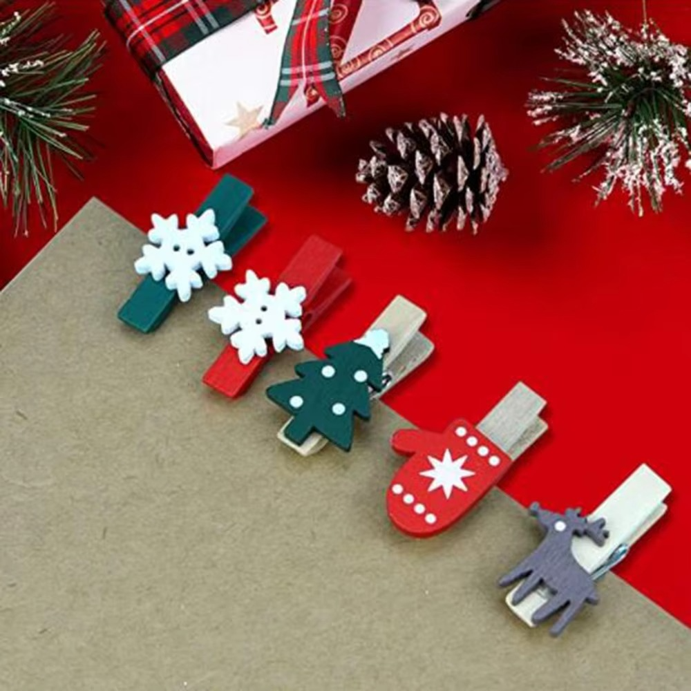 AB02 100Pcs Christmas Patch Mini Wooden Environmentally Friendly Cartoon Patch Wooden Clip Christmas Series Wooden Clip
