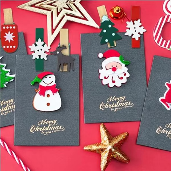 AB02 100Pcs Christmas Patch Mini Wooden Environmentally Friendly Cartoon Patch Wooden Clip Christmas Series Wooden Clip