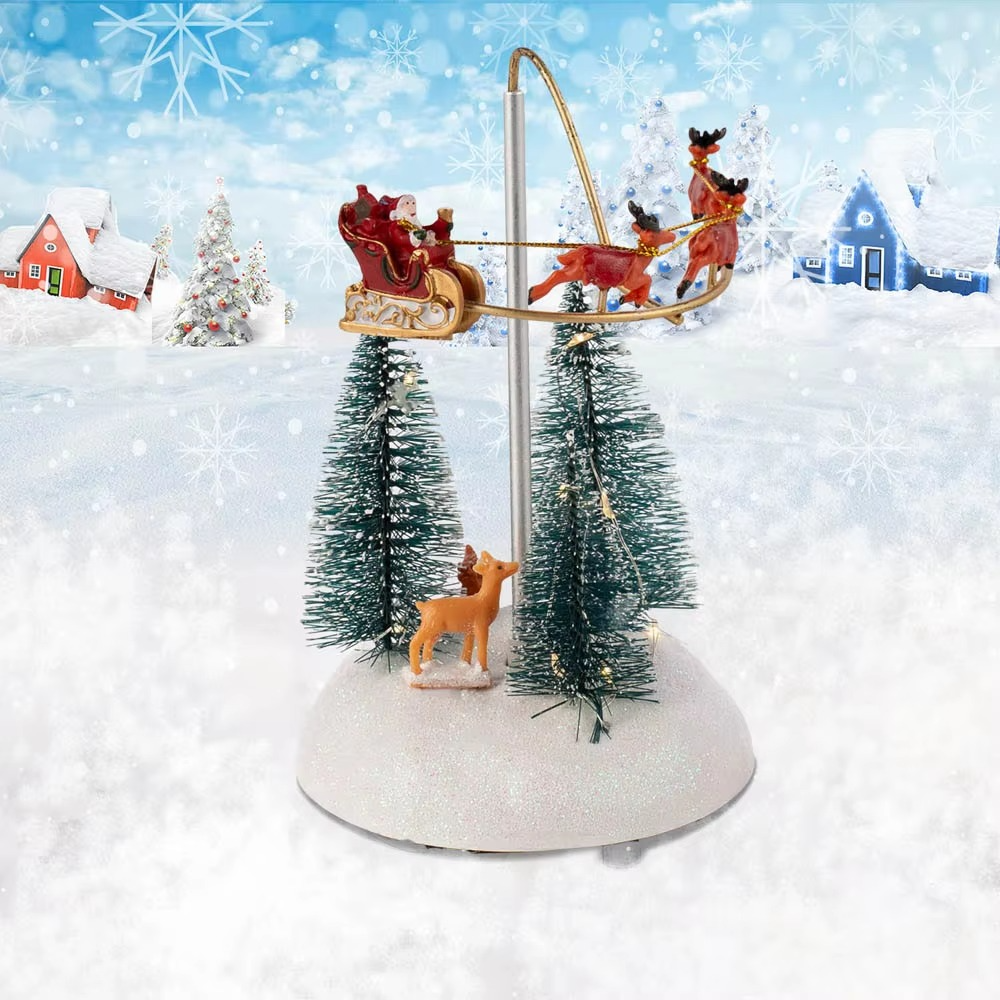 Christmas Village Animated Flying Sleigh Accessory Figurines, Lights Musical with Rotating Santa & Sleigh Holiday Decorations