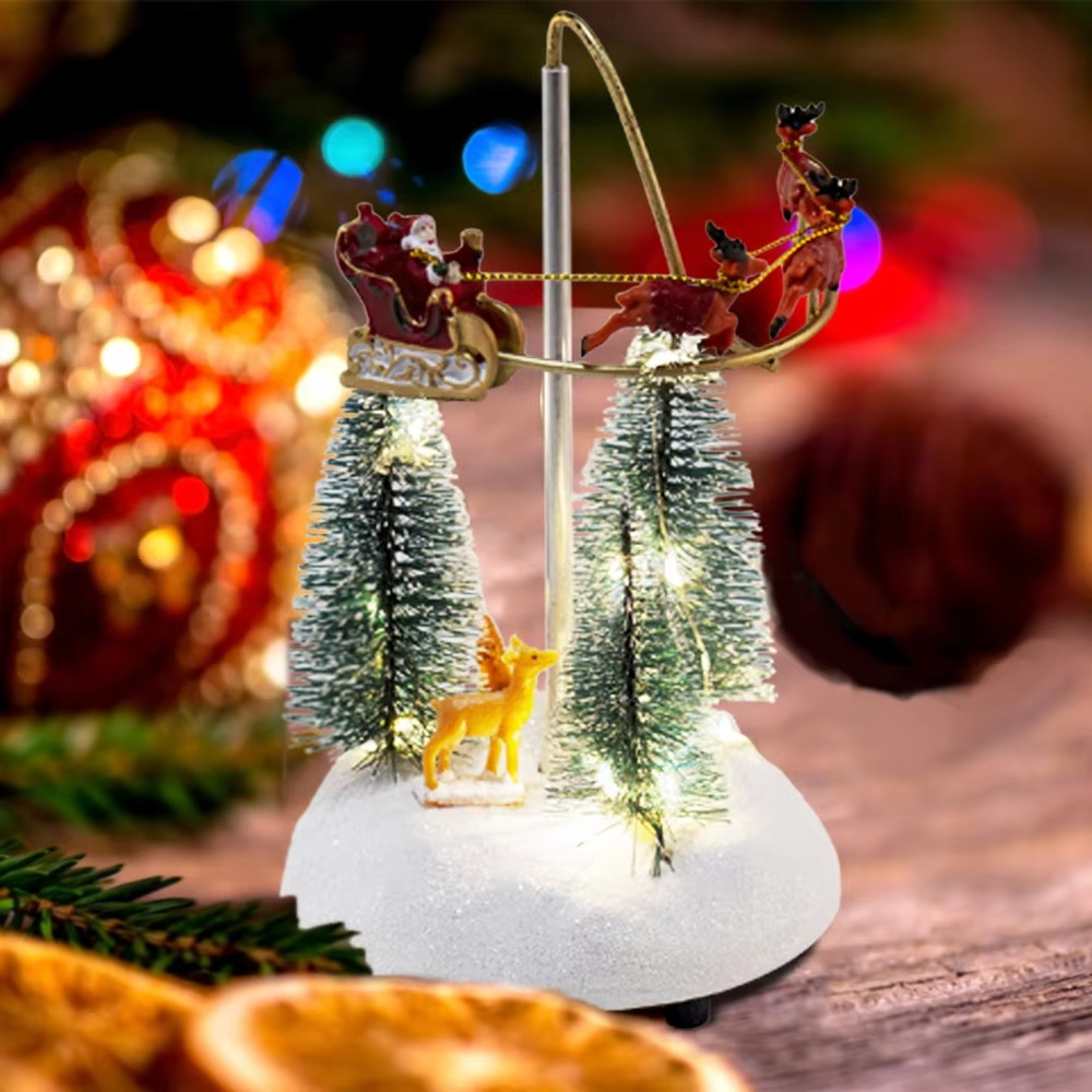 Christmas Village Animated Flying Sleigh Accessory Figurines, Lights Musical with Rotating Santa & Sleigh Holiday Decorations