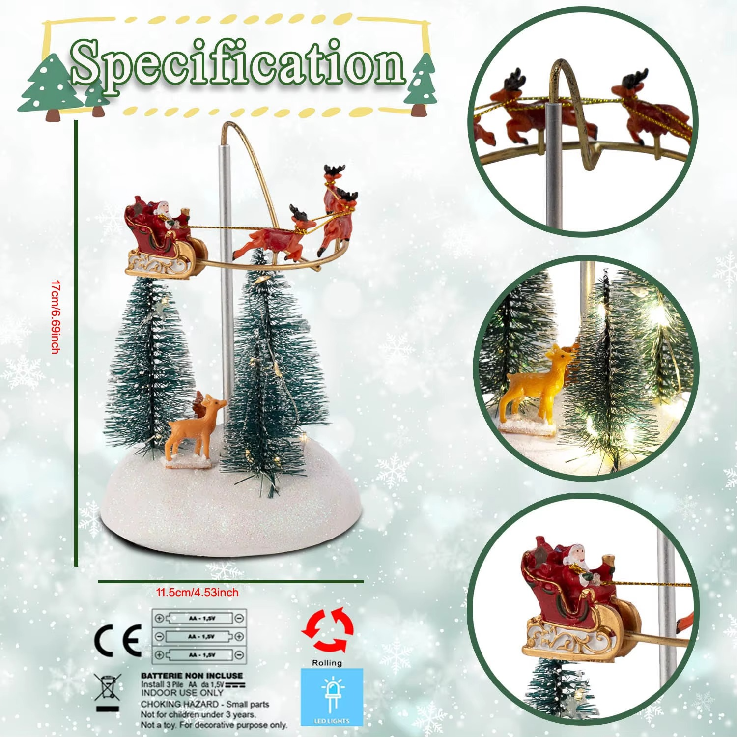 Christmas Village Animated Flying Sleigh Accessory Figurines, Lights Musical with Rotating Santa & Sleigh Holiday Decorations
