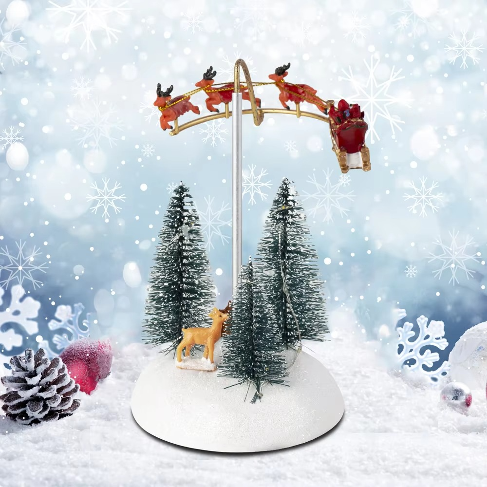Christmas Village Animated Flying Sleigh Accessory Figurines, Lights Musical with Rotating Santa & Sleigh Holiday Decorations