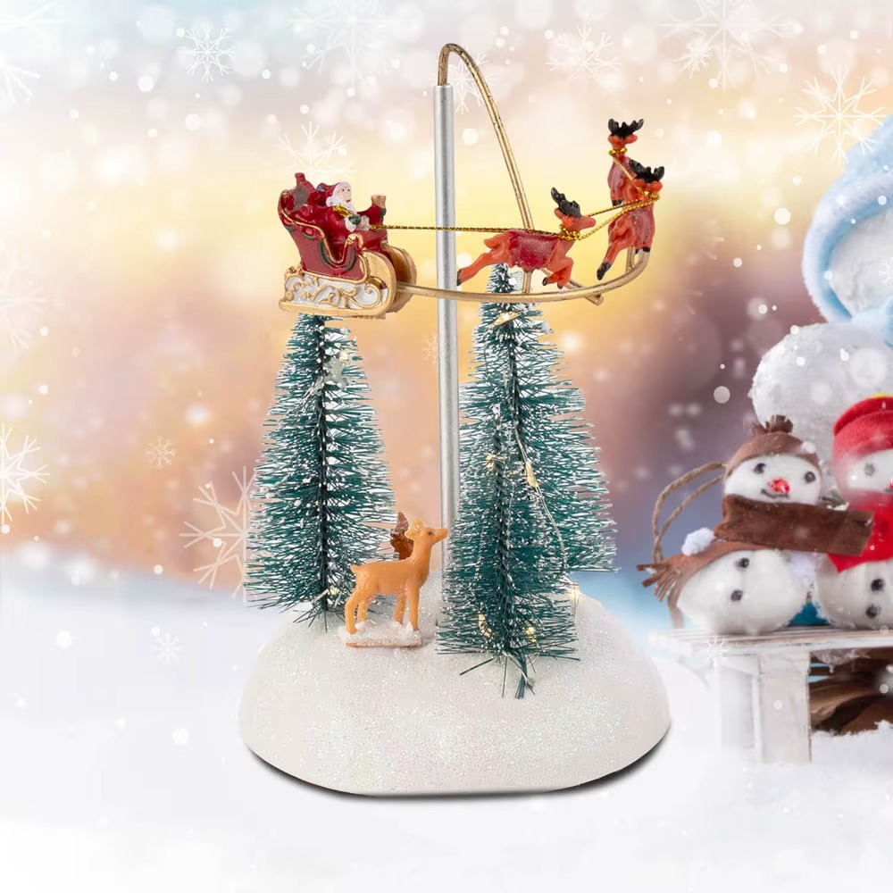 Christmas Village Animated Flying Sleigh Accessory Figurines, Lights Musical with Rotating Santa & Sleigh Holiday Decorations